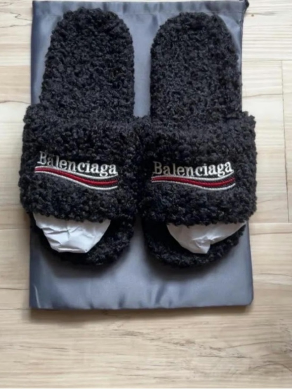 Balenciaga Black Shearling-Style Logo Slippers